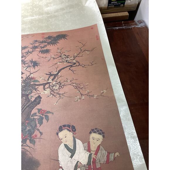 Children At Play On A Winter’s Day - Ink/Color On Silk - Scroll Painting -74x26” - Picture 6 of 12